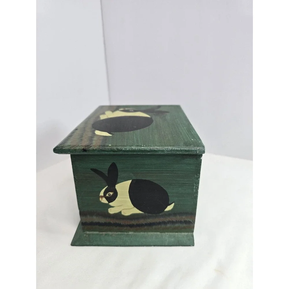 Vintage Hand Painted Wood Rabbit Box Folk Art Bunny Hinged Trinket Storage Decor